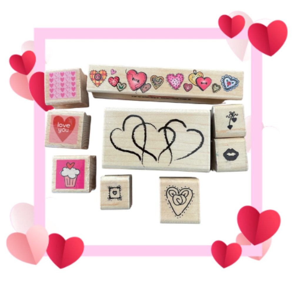 Vintage Valentine Rubber Wood Mounted Stamps, Valentine Stamps, Heart Stamps, He